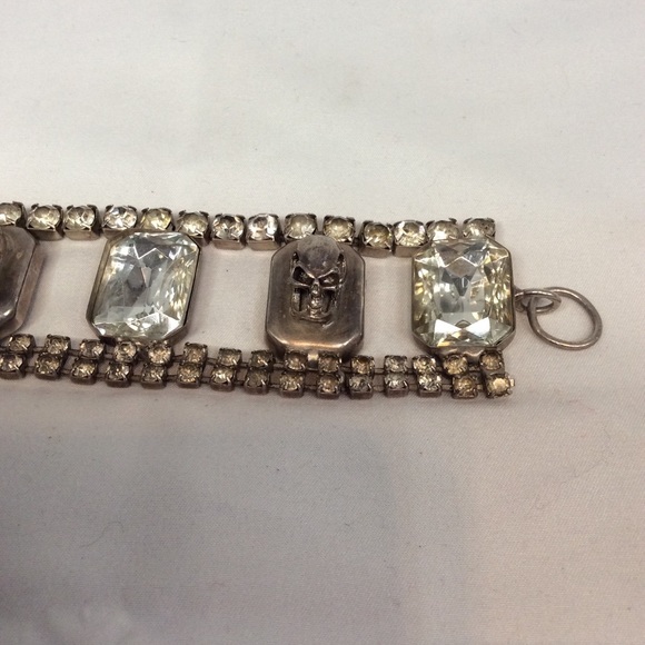 VINTAGE METAL SKULL ORANGE RHINESTONE BRACELET - Picture 2 of 12